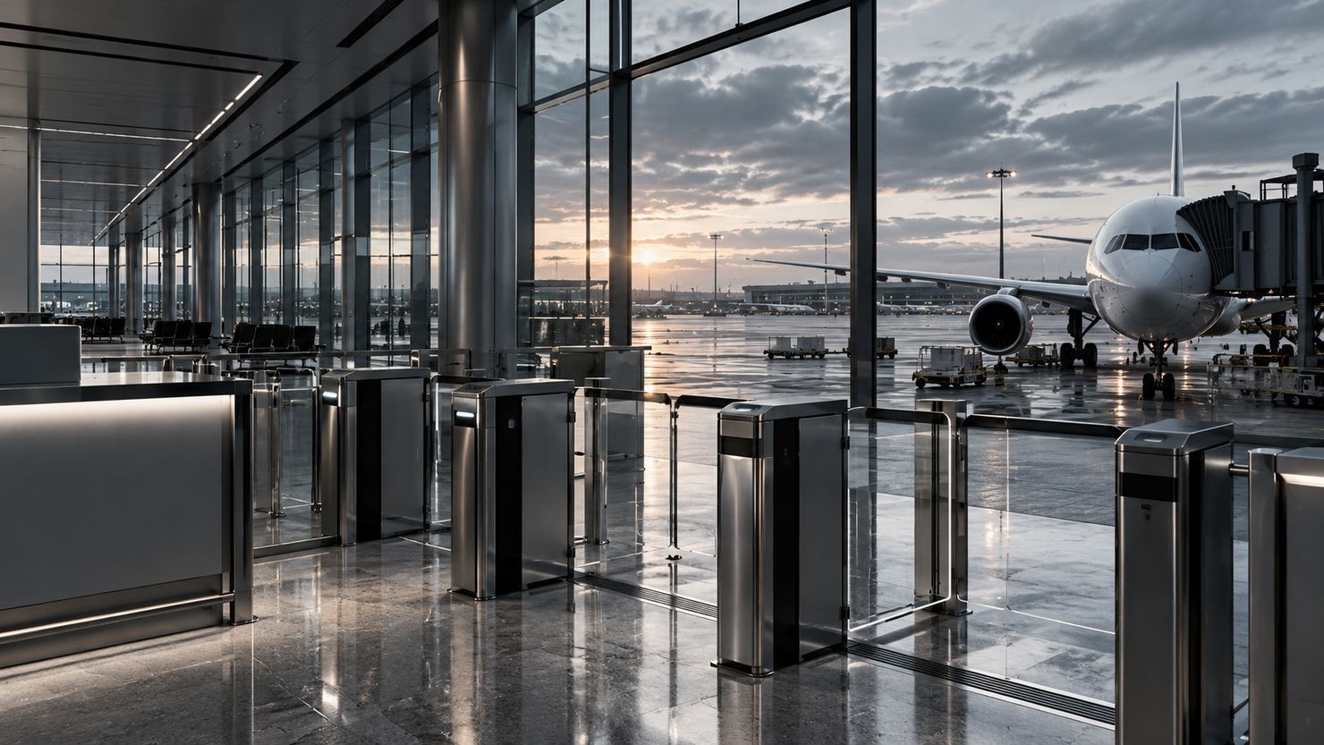 Illustrative airport terminal security gates overlooking a passenger aircraft