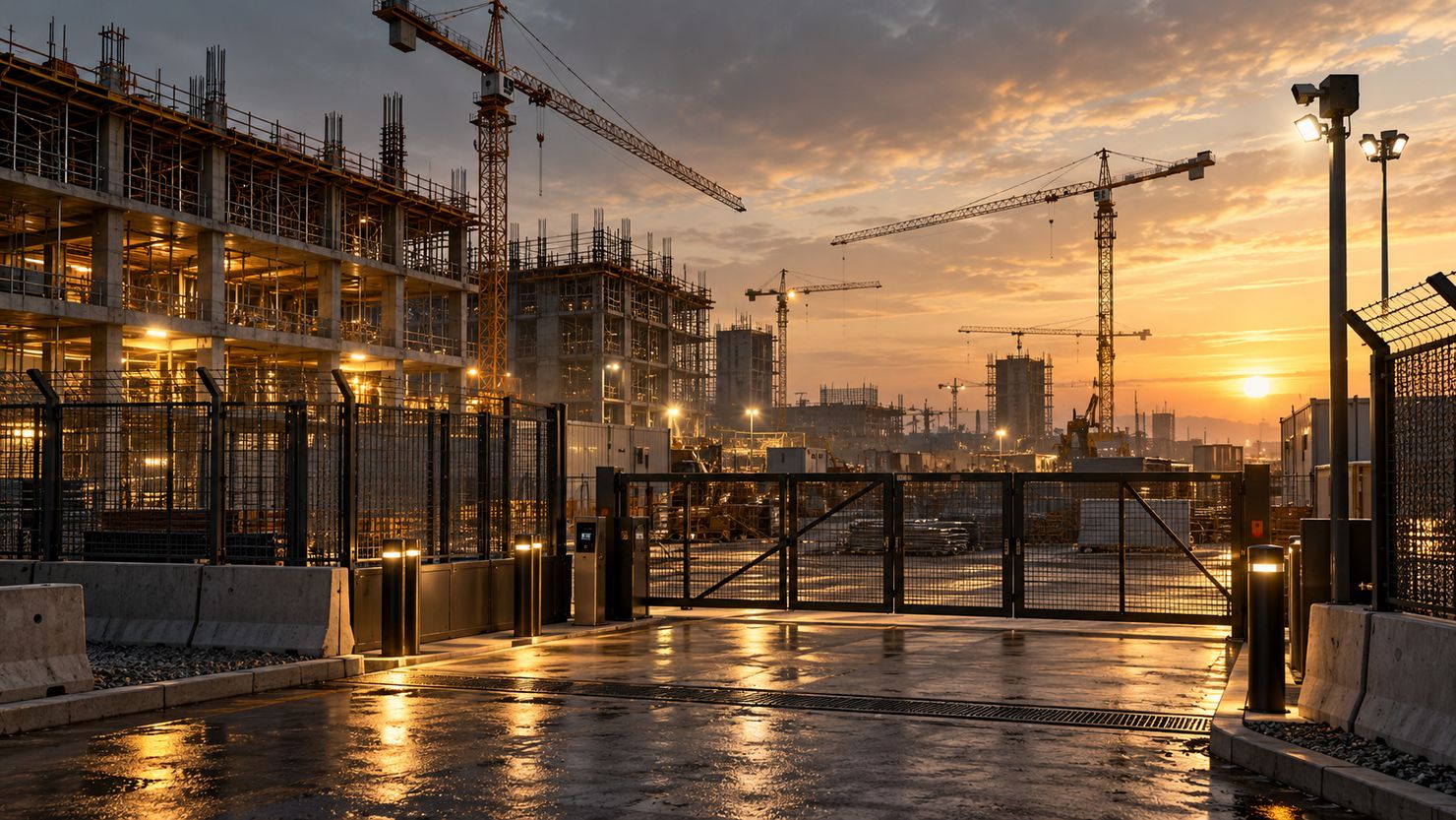Illustrative secured construction site at sunset with fencing and cranes
