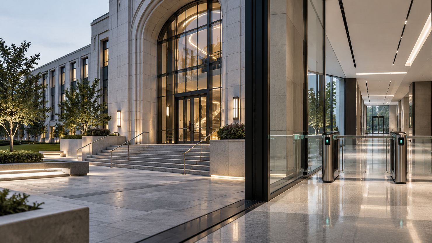 Illustrative modern university campus entrance and controlled-access lobby