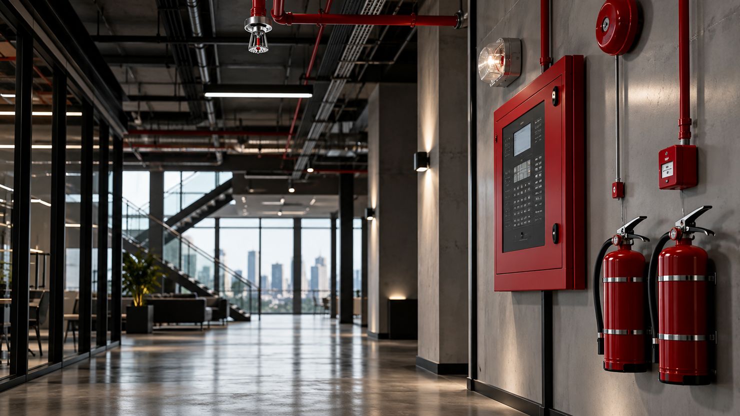 Illustrative commercial fire alarm panel, extinguishers and sprinkler systems