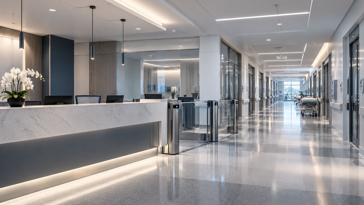 Illustrative healthcare facility reception and access-control corridor