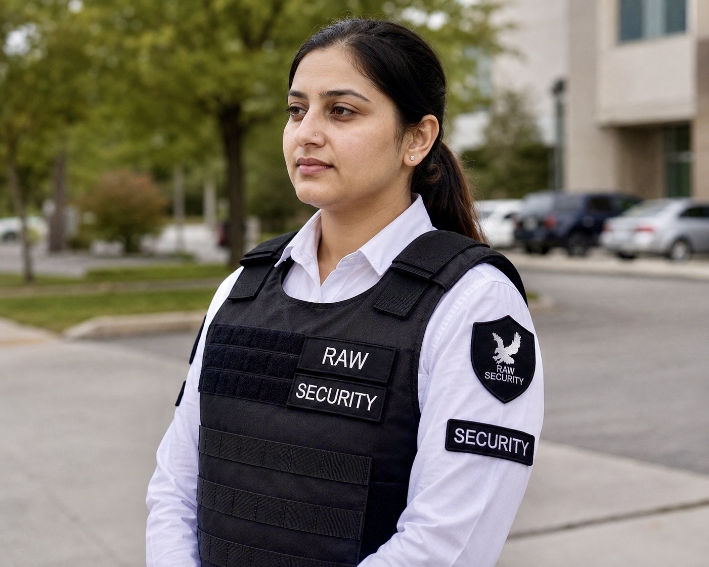 Raw Security female guard standing outdoors in a landscaped commercial area