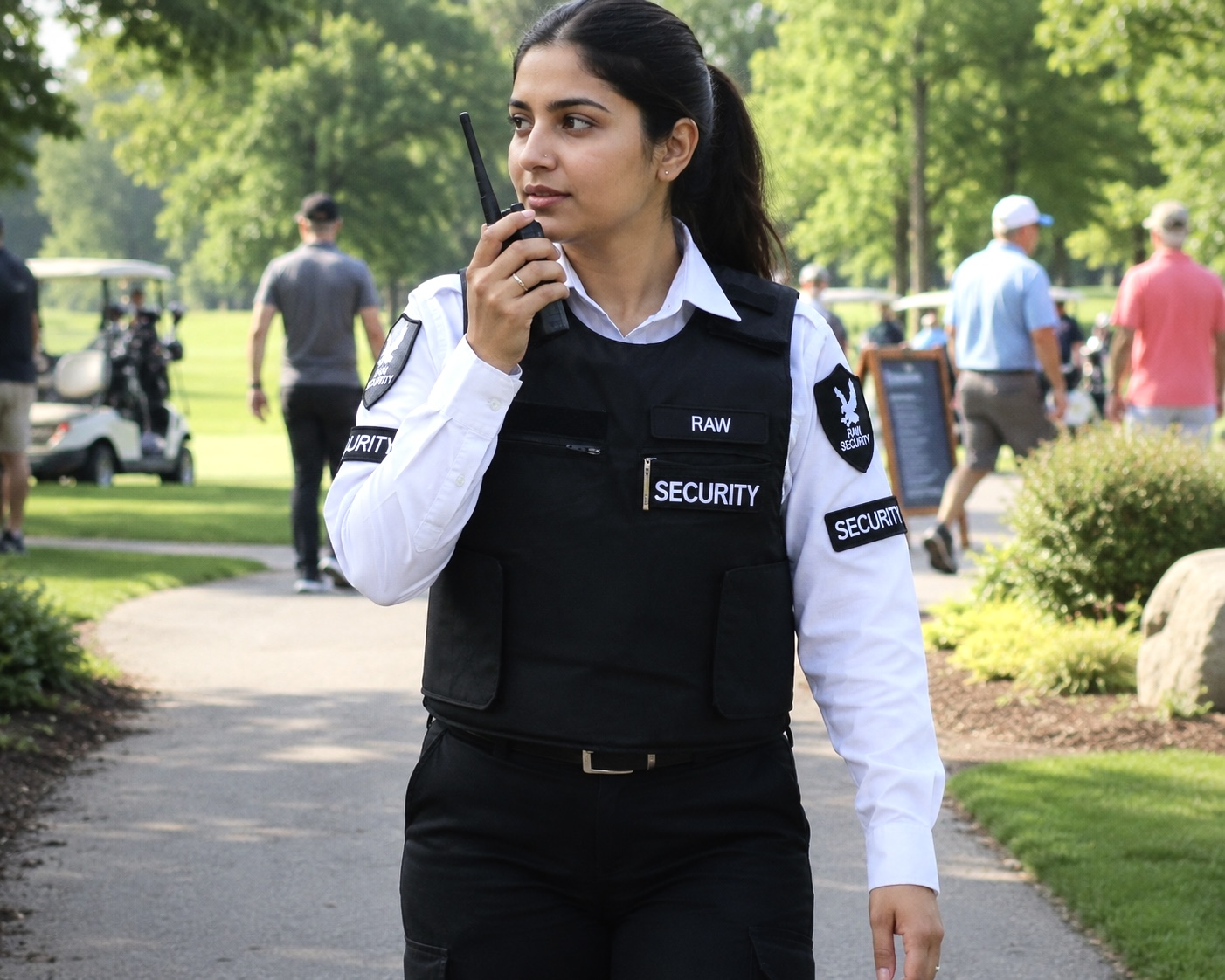 Raw Security guard speaking on her radio during an outdoor event on a landscaped property