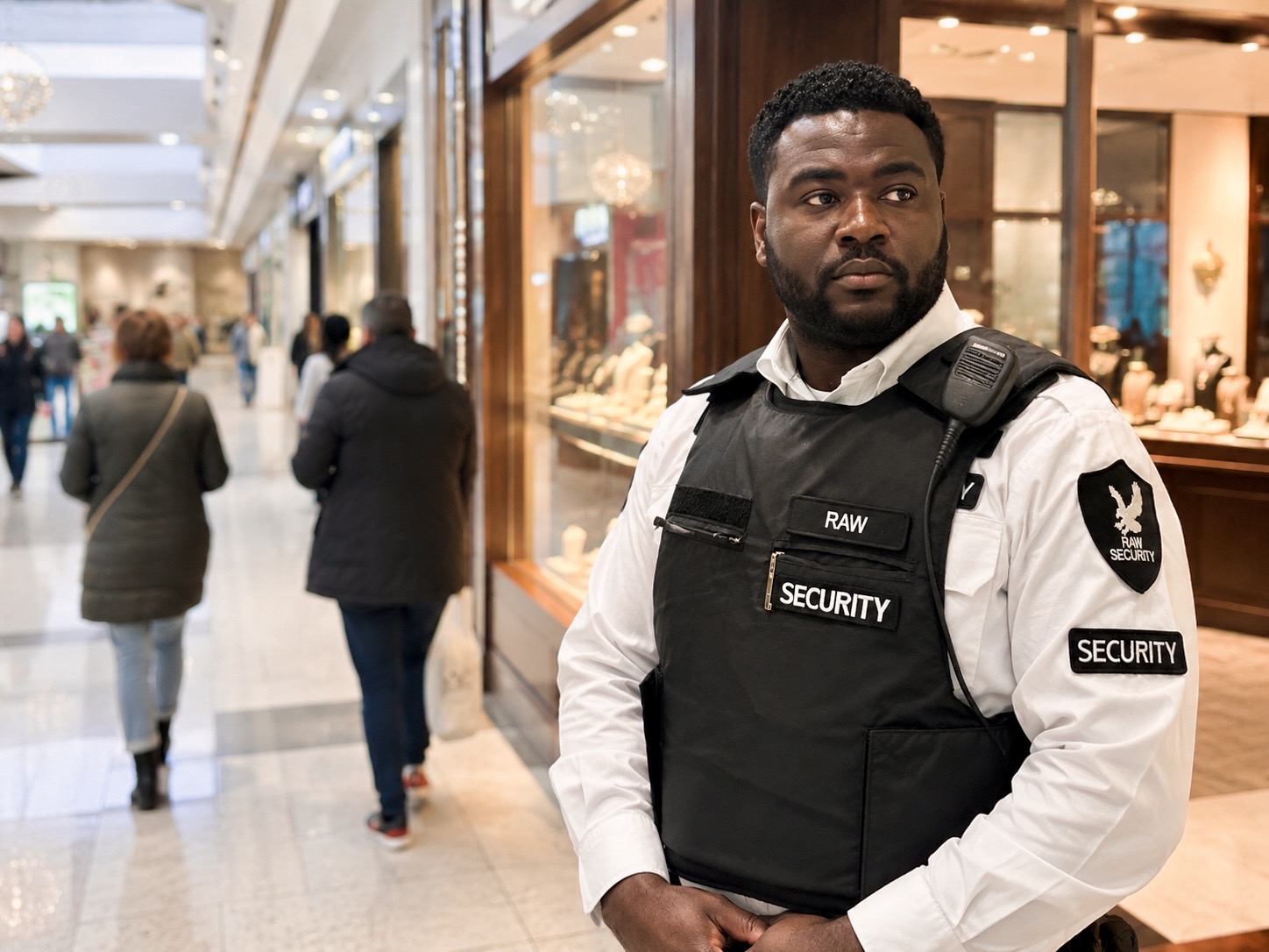 Raw Security guard monitoring the walkway at a shopping mall