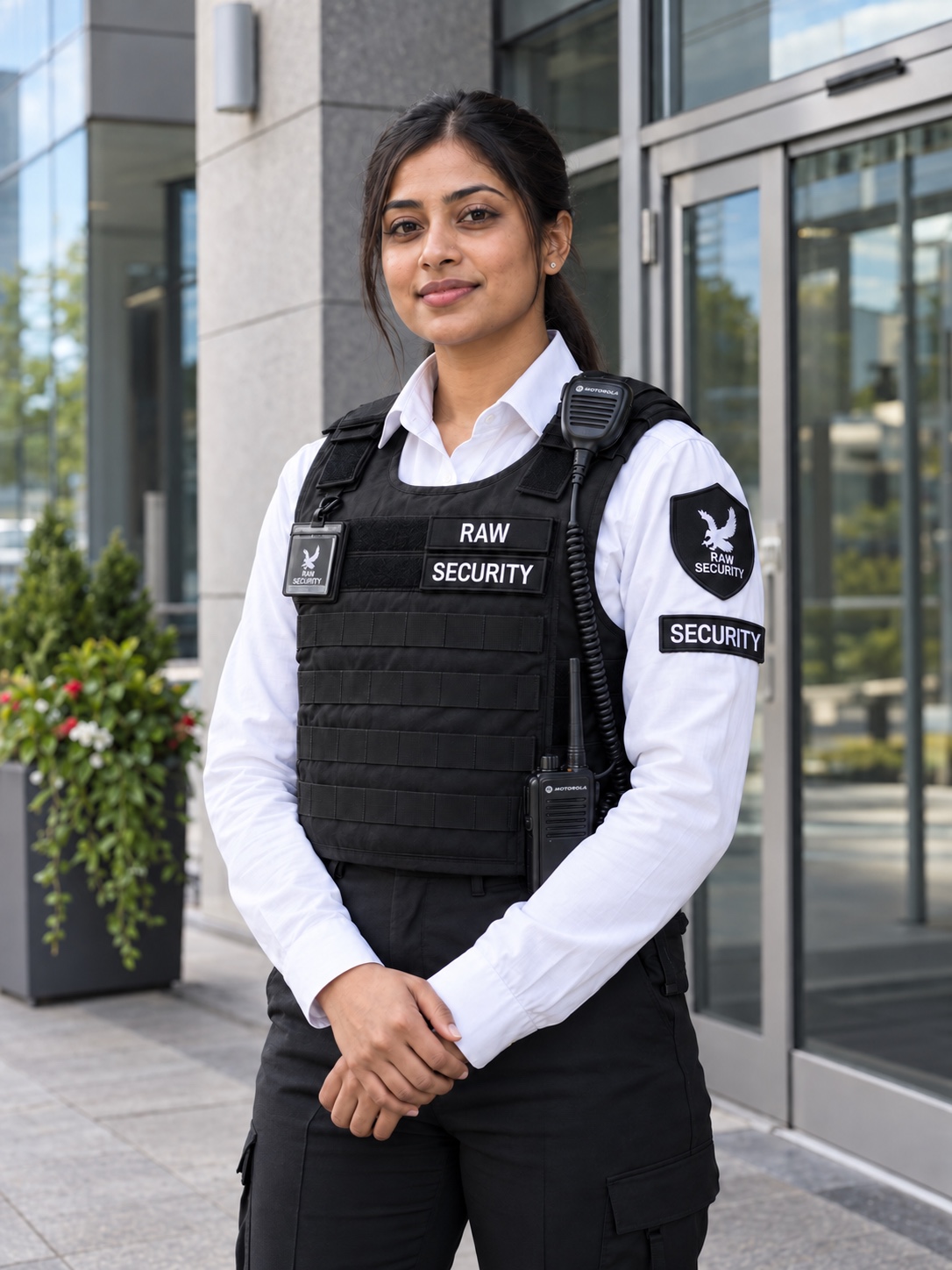 Raw Security guard with radio standing at a glass office entrance
