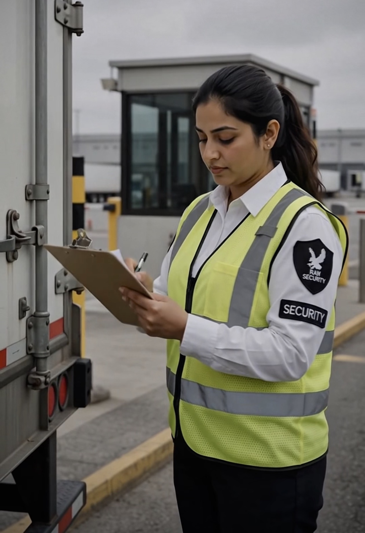 Raw Security guard checking paperwork beside a trailer at a logistics checkpoint