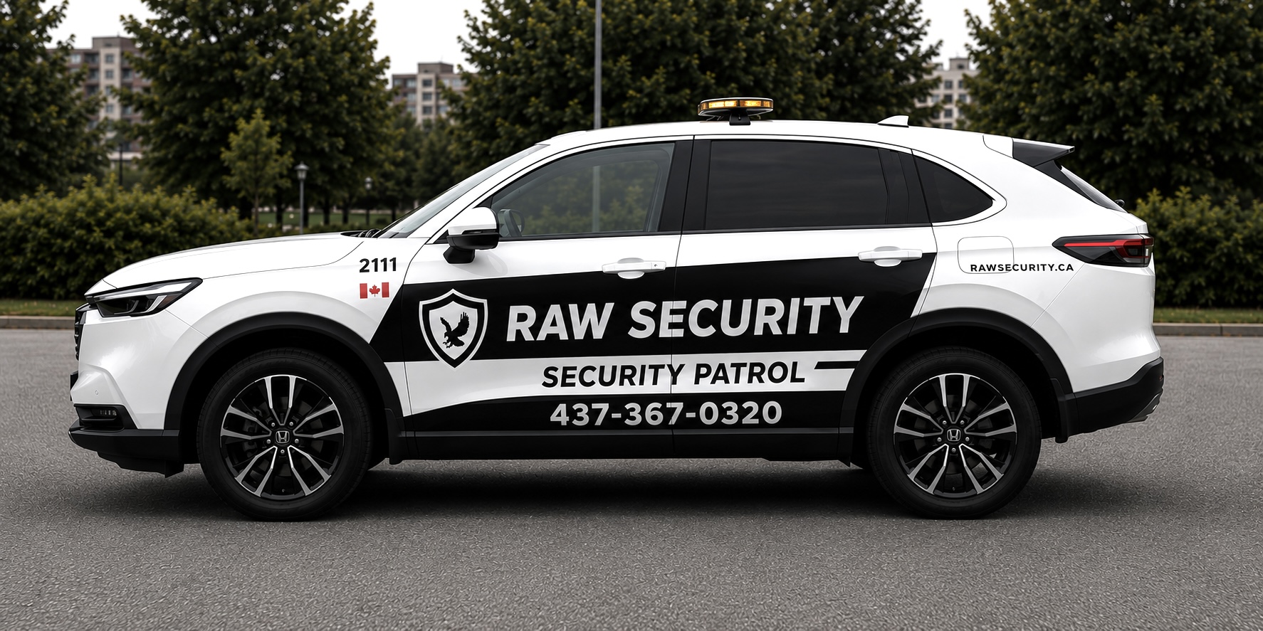 White Raw Security branded patrol SUV outside