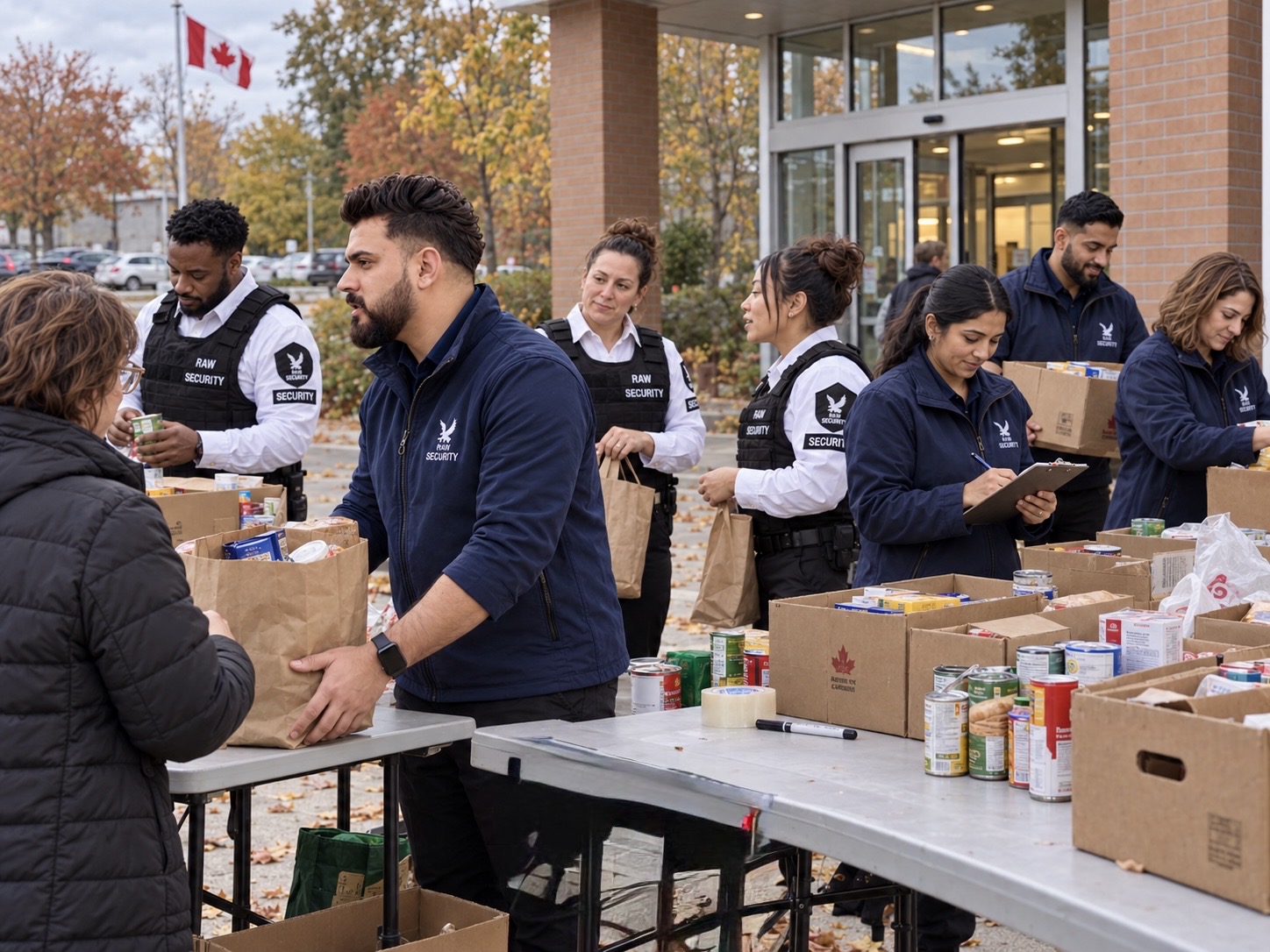 Raw Security staff and volunteers distributing food donations to community members in Ontario