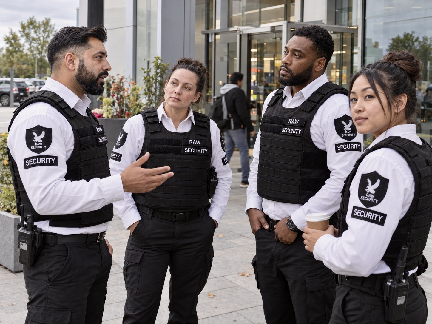 Raw Security guard team during a conversation outside a commercial entrance