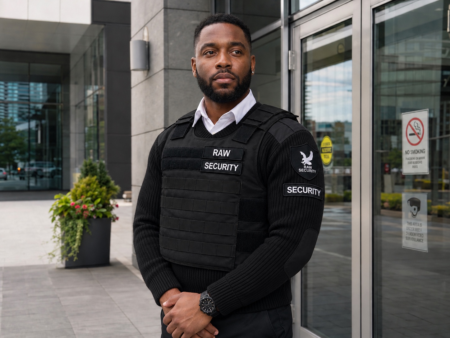 Raw Security guard wearing a black sweater and vest outside an office building